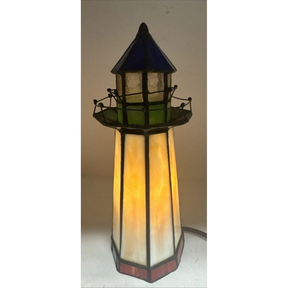 Tiffany Style Stained Slag Glass Lighthouse Accent Lamp Beach Shore WORKS